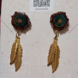 Gold and Green Feather Drop Earrings